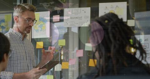 Senior man leading brainstorming session with ipad at glass wall of sticky notes