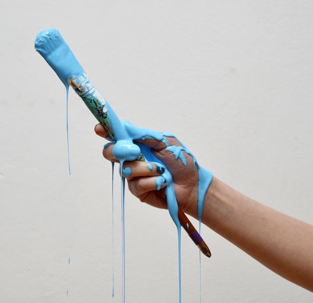 Hand Holding Brush Drenched in Blue Paint - Download Free Stock Photos Pikwizard.com
