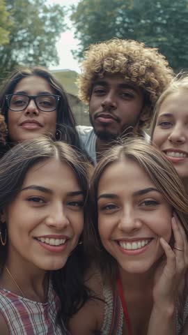 Vertical selfie video of friends smiling and posing in leafy park, casual summer lifestyle