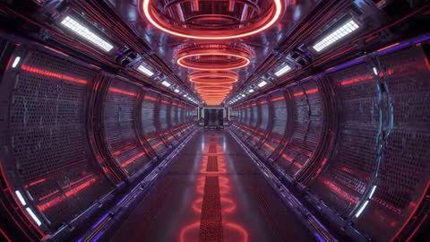Futuristic Neon Sci-Fi Corridor with Red Automation Rings