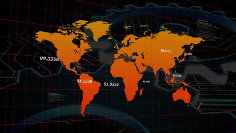 Digital World Map with Data Overlay and Tech Graphics