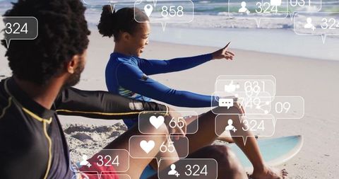 Social media overlay with surfers on a sunny beach