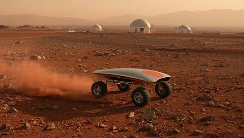 Autonomous mars rover driving across red rocky plain kicking up dust near dome habitats