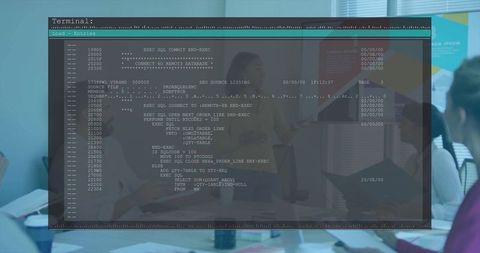 Business Team Collaborating in Modern Boardroom with Code Overlay for Tech Strategy