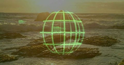 Neon Holographic Wireframe Globe Hovering Over Rocky Coastline at Sunset Twilight