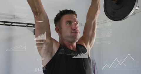 Man lifting barbell overhead pressing weight in home gym with performance data overlays