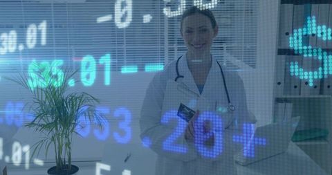Female doctor holding clipboard with data overlay representing healthcare analytics