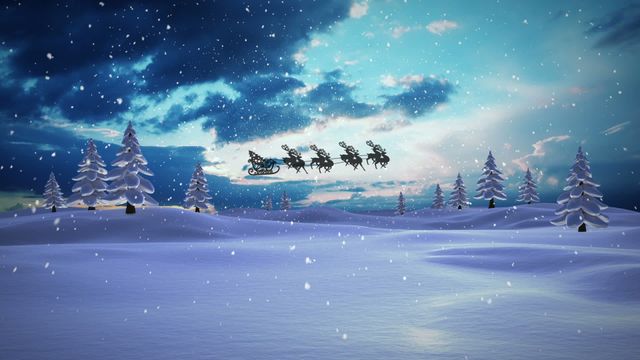 This winter scene captures Santa Claus with his sleigh and reindeer flying over a tranquil snow-covered landscape during the Christmas season. Ideal for use in festive holiday cards, invitation greetings, or seasonal advertising campaigns to evoke the classic Christmas magic and joy. Sophisticated graphics highlight the winter wonderland ambiance beautifully.