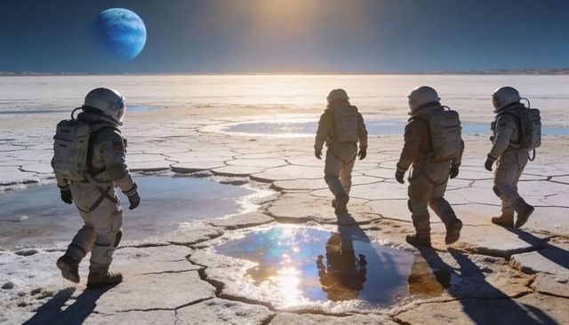 Four astronauts exploring cracked salt flat with shimmering pools beneath distant planet