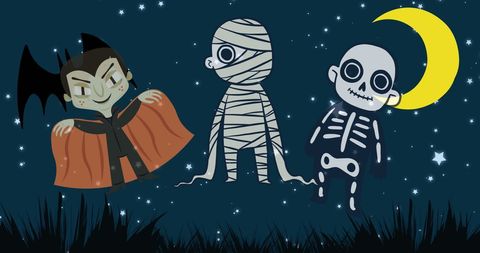 Cartoon Halloween Characters with Moon and Stars