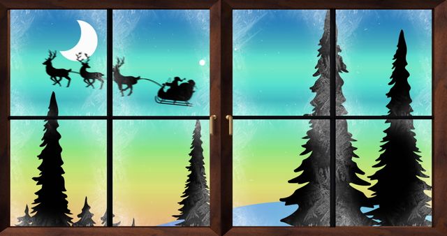 Santa Claus Silhouette Sleigh with Reindeer Through Window - Download Free Stock Images Pikwizard.com