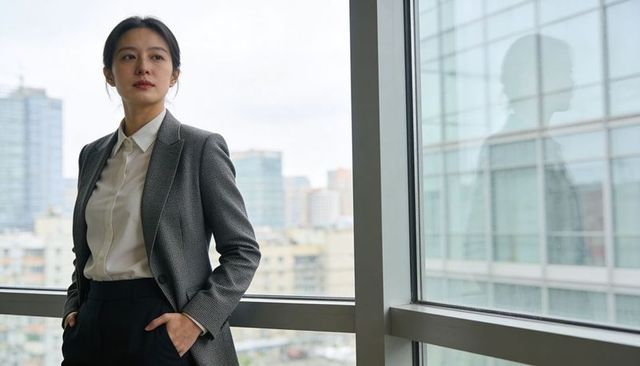 Confident businesswoman standing at office window gazing at city skyline