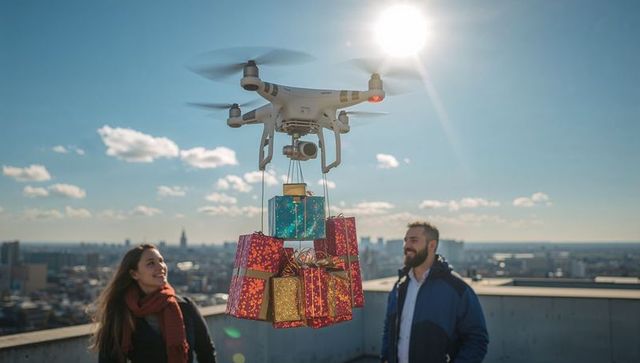 Drone delivering wrapped gifts over rooftop, smiling couple watching sunlit urban skyline