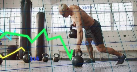 Male athlete performing kettlebell workout with graph overlays for fitness analytics