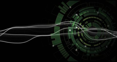 Dotted Waveform Flowing Through Green Futuristic HUD Circuits, Digital Technology Concept