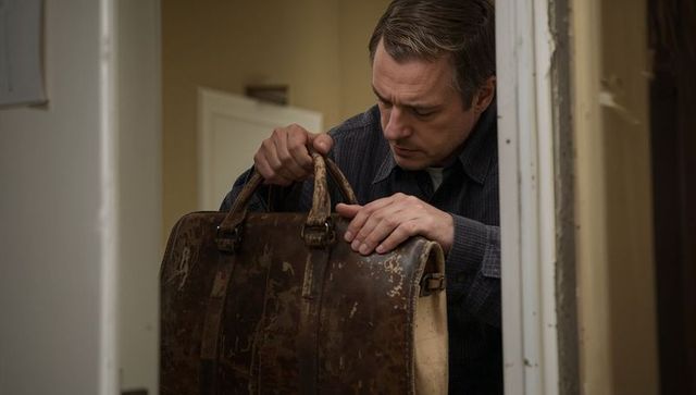 Leaning man inspecting worn leather suitcase in hallway by chipped door frame