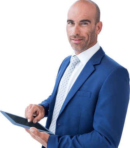 Bald Businessman Using Tablet Smiling on Transparent Background - Download Free Stock Videos Pikwizard.com