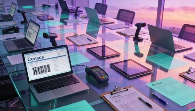 Boardroom showing census data on laptops, tablets and barcode scanners during sunset