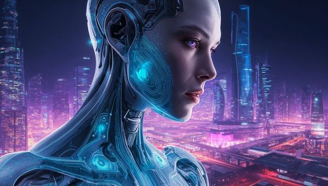 Futuristic Cyborg Gazes Neon Urban Landscape