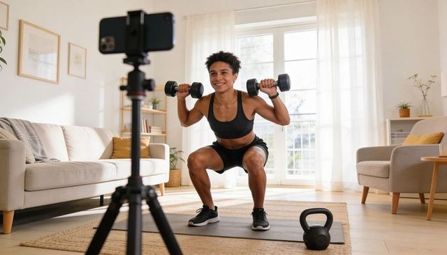 Young athlete recording home strength workout doing dumbbell squats in bright living room