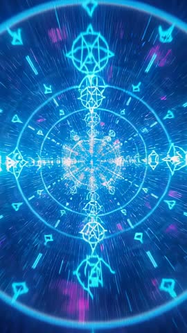 Neon Cyber Tunnel Accelerating Inward with Rotating Cyan Glyphs and Magenta Light Streaks