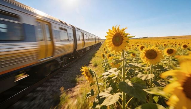 Sunflower field along countryside railway catching golden hour light while train passes