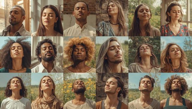Serene 4x4 portrait grid of 16 adults closing eyes, mindfulness headshots outdoors
