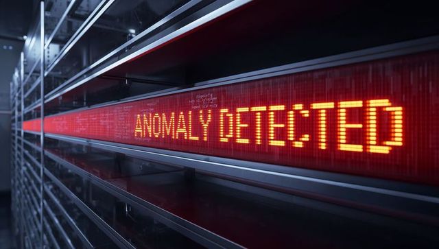 Red led ticker displaying anomaly detected across server racks in dark data center