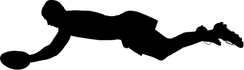 Transparent silhouette of player diving with rugby ball