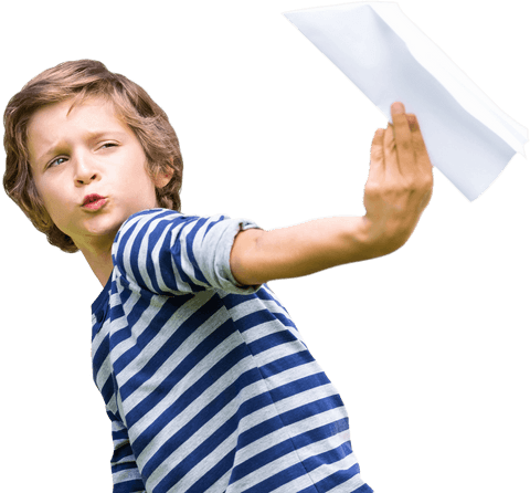 Playful Boy with Striped Shirt Holding Paper Airplane Transparent Background - Download Free Stock Videos Pikwizard.com