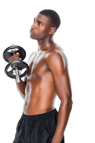 Determined shirtless man lifting dumbbell isolated on transparent background