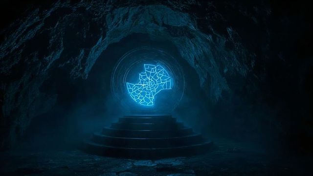 Glowing holographic disc in mysterious cavern