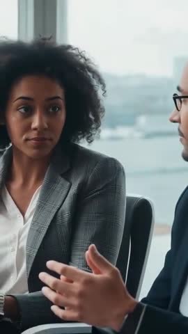 Vertical corporate video of woman turning and listening as colleague gestures in boardroom