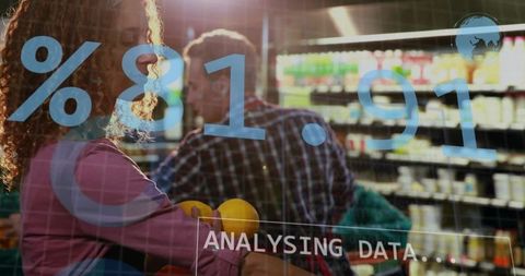 Shoppers placing oranges in basket with digital data overlay analyzing grocery trends and sales