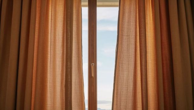 Sunlit tan curtains framing narrow wooden window showing pale sky and minimalist interior