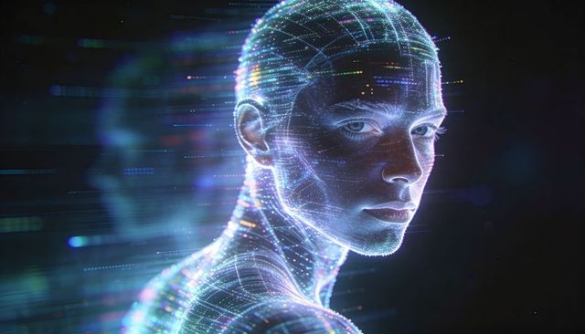 Luminous digital humanoid avatar turning back in neon data field with holographic mesh