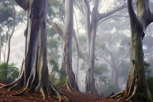 Misty forest scene presents towering trees enveloped in fog - Download Free Stock Photos Pikwizard.com