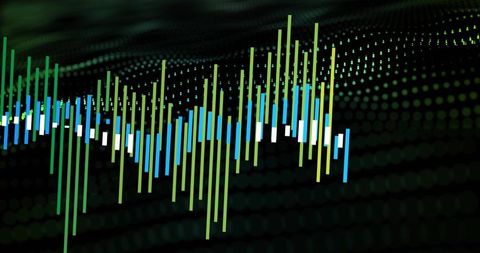 Neon Data Waveform Visualizing 3D Analytics on Glowing Dotted Grid