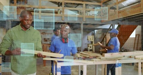 Carpentry team measuring and planning wood planks at workshop bench with mentor guidance