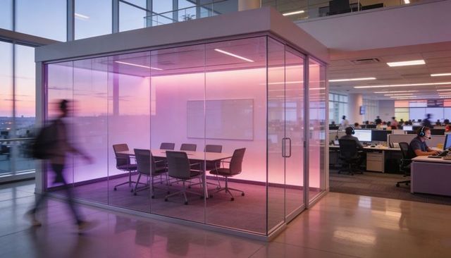Pink-lit glass meeting pod glowing in modern open office with headset staff working