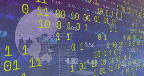 Binary code and digital data over globe