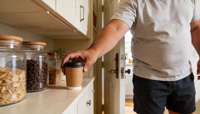 Man reaching for takeaway coffee on kitchen counter beside glass jars of pantry ingredients