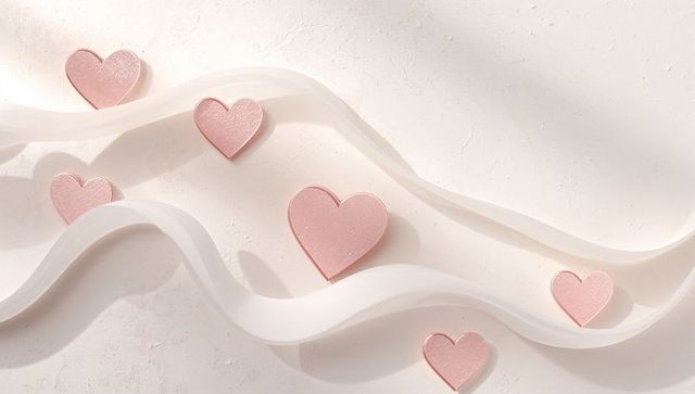 Sliding pink wooden hearts along flowing white ribbons on pastel plaster background