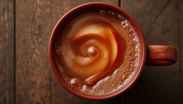 Swirling cream latte in rustic red ceramic mug with cinnamon stick