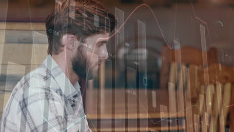 Financial Analyst Working Remotely with Digital Data Overlays