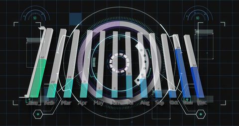 Displaying futuristic hud with 12-month holographic data bars and radial dashboard analytics