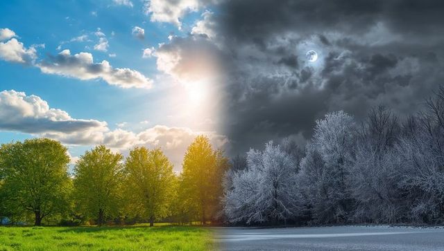 Day night split landscape contrasting sunlit meadow and frosted forest under sun and moon
