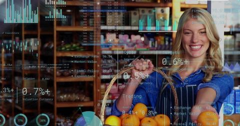 Smiling market vendor holding wicker basket of oranges with data analytics overlay