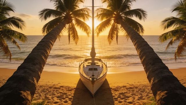 Sailboat resting bow-first on golden beach at sunset framed by leaning coconut palms