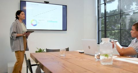 Business professional giving presentation in modern office